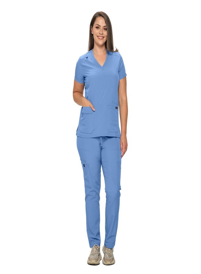 MONARCH UNIFORMS طقم ملابس طبية من مونارك يونيفورمز، متوفر بمقاسات عادية وصغيرة، مصنوع من قماش مطاطي للنساء، يتكون من بلوزة وبنطال طبيين - (أزرق سماوي) - مقاس متوسط - Image 2
